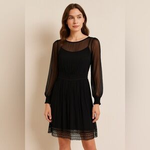 Black Tape NEW Pleated Long Sleeve Black Cocktail Party Dress with Lace- Size XS